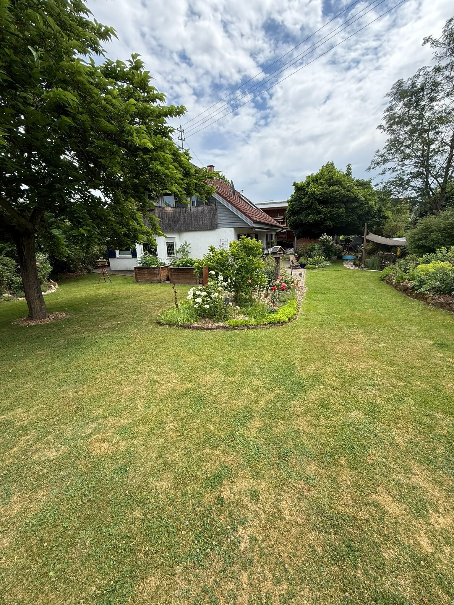 Blick über den Garten mit Rasenfläche und Blumenbeeten